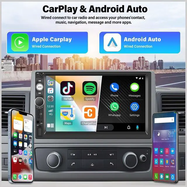 Alt view image 2 of 5 - Double Din A-pple CarPlay Car Stereo with Carplay Android Auto,Bluetooth,7" HD Touchscreen 2 Din Car Radio Car Multimedia MP5 Player AUX/USB/TF Card Input Mirror Link,FM,SWC+12 LEDs-Backup Cam Mic USB