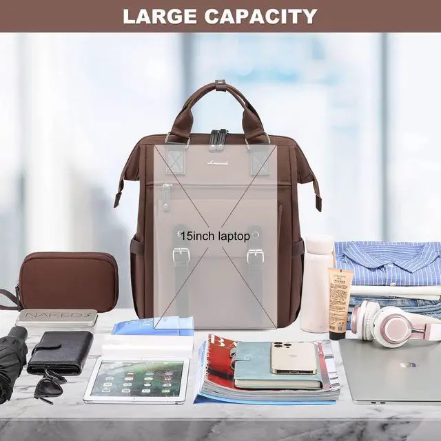 Alt view image 3 of 5 - LOVEVOOK Laptop Backpack for Women Work Travel Commuter Backpack Business Computer Bag Teacher Doctor Nurse Bags College Backpack Purse Laptop Bag, 15.6 Inch, Coffee-black