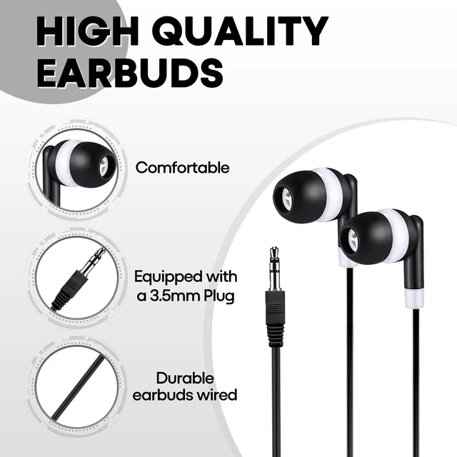 Alt view image 3 of 5 - Waneni Wholesale Bulk Earbuds Headphones 200 Pack Class Set for School Classroom Students Kids Children Toddler Boys Girls Teen Adults(Black,200 Pack)
