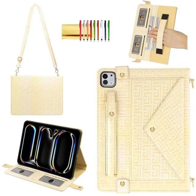 Main image of Shiny Case for iPad Pro 13" M4 M5 Handbag Case, Techcircle Iridescent PU Leather Folio Envelope Pocket Stand Cover with Hand Strap+Shoulder Strap+Pencil Holder+Card Slots, Shiny Cream Yellow