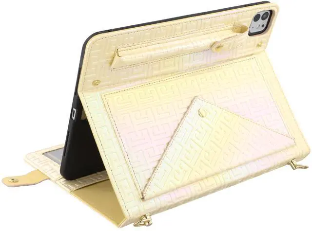 Alt view image 2 of 5 - Shiny Case for iPad Pro 13" M4 M5 Handbag Case, Techcircle Iridescent PU Leather Folio Envelope Pocket Stand Cover with Hand Strap+Shoulder Strap+Pencil Holder+Card Slots, Shiny Cream Yellow