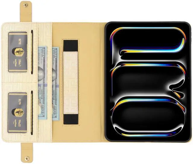 Alt view image 4 of 5 - Shiny Case for iPad Pro 13" M4 M5 Handbag Case, Techcircle Iridescent PU Leather Folio Envelope Pocket Stand Cover with Hand Strap+Shoulder Strap+Pencil Holder+Card Slots, Shiny Cream Yellow