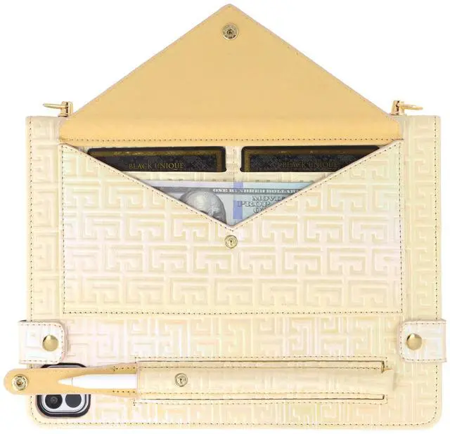 Alt view image 3 of 5 - Shiny Case for iPad Pro 13" M4 M5 Handbag Case, Techcircle Iridescent PU Leather Folio Envelope Pocket Stand Cover with Hand Strap+Shoulder Strap+Pencil Holder+Card Slots, Shiny Cream Yellow