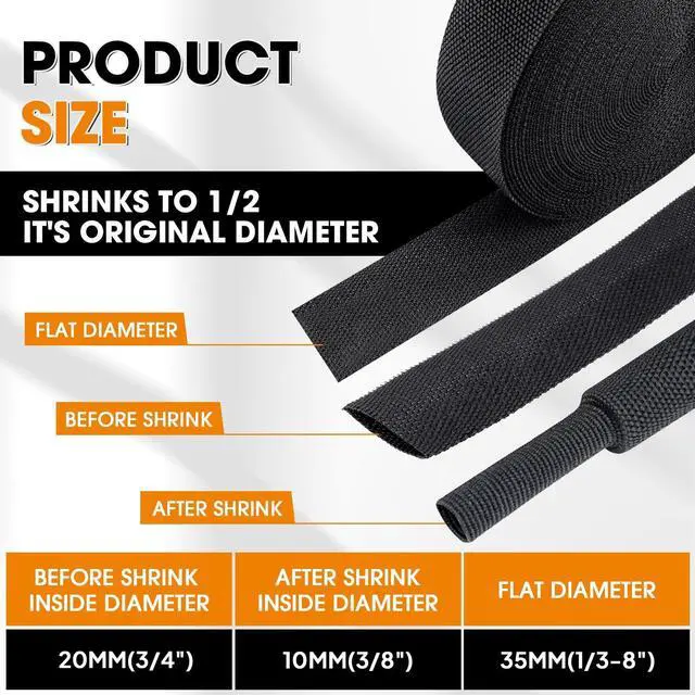 Alt view image 2 of 5 - Black 2:1 Ratio Automotive Heat Shrink Braided Sleeving,Wear-Resistant Flat Woven Shrinkable Sleeve Fabric Car Cable Wires Hoses Protection (3/4"-15ft)