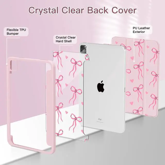 Alt view image 4 of 5 - Teryeefi for iPad Air 11-Inch Case M4 (2026) M3 (2025) / M2 (2024) & iPad Air 4th/5th Generation, iPad Pro 11 in 4th/3rd/2nd/1st - Clear Back Cover with Pencil Holder Auto Wake/Sleep (Cute Bows)
