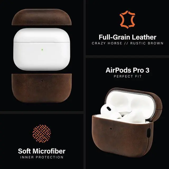 Alt view image 4 of 5 - KORDIZ for AirPods Pro 3rd Generation Leather Case Cover Genuine Full-Grain Crazy Horse Cowhide Leather Case for Airpods Pro 3 Rugged Vintage Patina Front LED Visible (Rustic Br