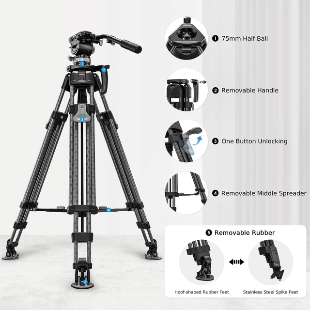 Alt view image 2 of 5 - Leofoto Professional Carbon Fiber Video Tripod with 360 Fluid Head, One Button Quick Height Adjust 38cm-172cm, 6-Leg Stable Camera Tripod for Wildlife Shooting, Long Lens Photography, Travel
