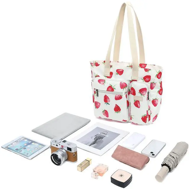 Alt view image 2 of 5 - SANFAN Women Tote Bag With Muti-Pockets,Lightweight Shoulder Bag,Large Capacity Handbag for Travel, Work, Gym (Strawberry)