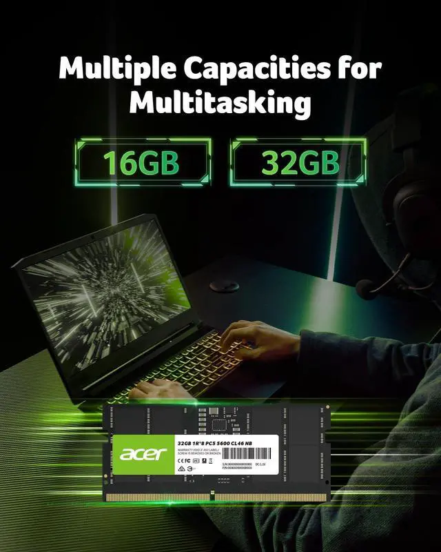 Alt view image 5 of 5 - Acer SD200 DDR5 Single RAM 32GB 5600 MT/s CL46 Computer Memory for Laptop - BL.9BWWA.419