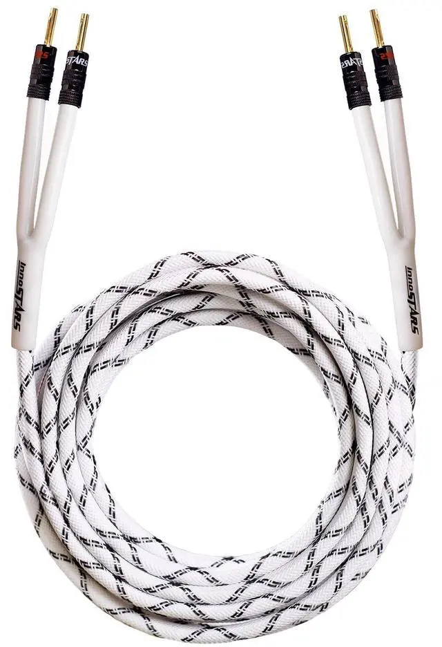 Main image of InnoStars 12AWG OFC Speaker Cable Wire with Gold-Plated Banana Plugs (25 Feet), Premium Heavy Duty Braided, 99.99% Oxygen-Free Copper (OFC) - White, 25 Ft