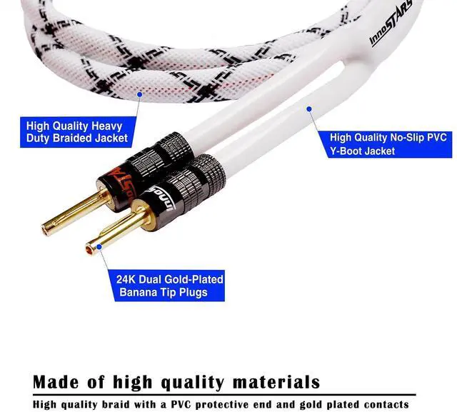 Alt view image 2 of 5 - InnoStars 12AWG OFC Speaker Cable Wire with Gold-Plated Banana Plugs (25 Feet), Premium Heavy Duty Braided, 99.99% Oxygen-Free Copper (OFC) - White, 25 Ft