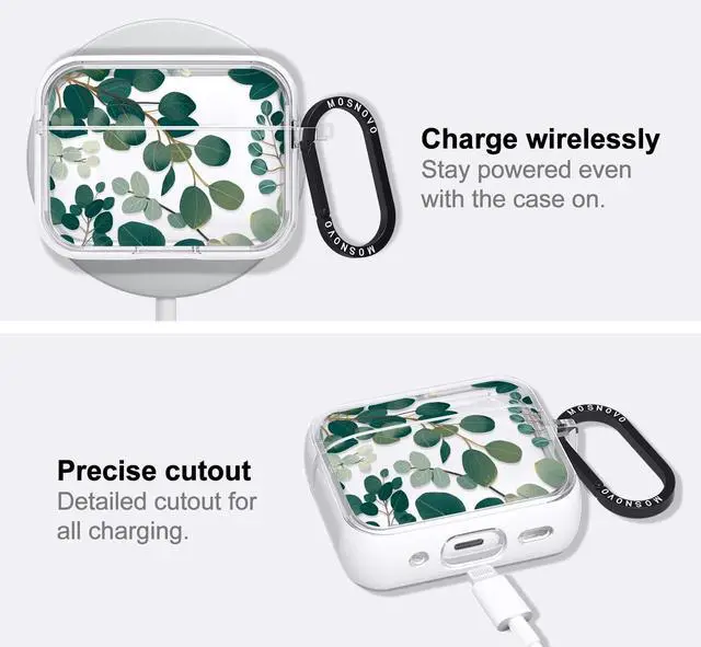 Alt view image 5 of 5 - MOSNOVO for Airpods Pro & Airpods Pro 2 Case, Protective Clear Case with Shockproof Dual Layer Hard Luxe Metal Ring Designed for Airpods Pro 2 Generation - Eucalyptus