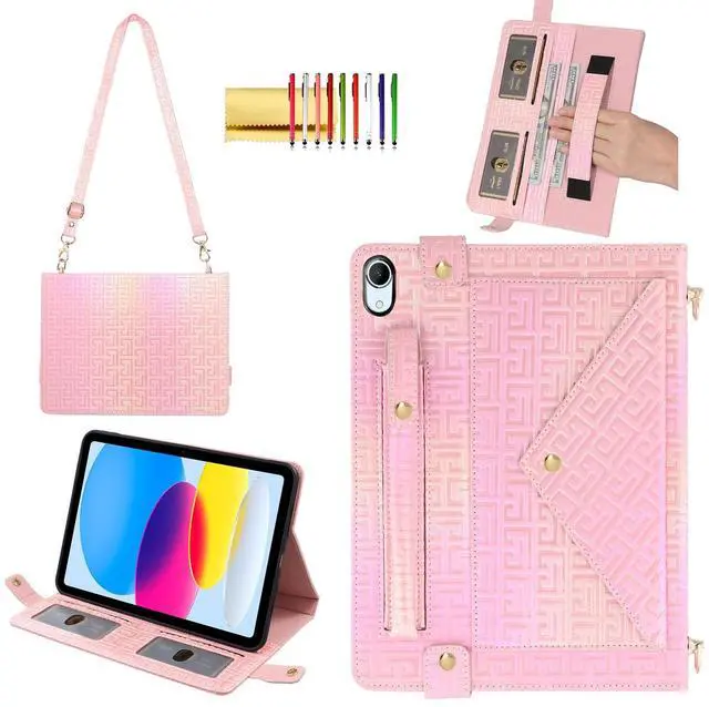 Main image of Shiny Case for iPad (A16) 2025 11"/iPad 10th Generation Handbag with Hand Strap, Techcircle Crossbody Iridescent Folio Stand Wallet Case with Pencil Holder+Card Slots+Shoulder Strap, Shiny Pink