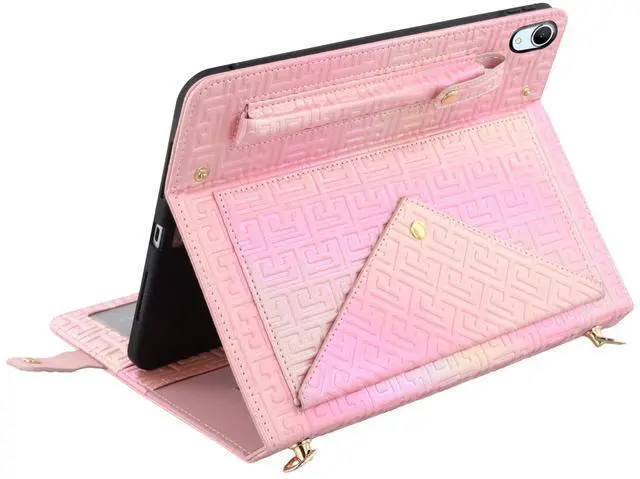 Alt view image 2 of 5 - Shiny Case for iPad (A16) 2025 11"/iPad 10th Generation Handbag with Hand Strap, Techcircle Crossbody Iridescent Folio Stand Wallet Case with Pencil Holder+Card Slots+Shoulder Strap, Shiny Pink