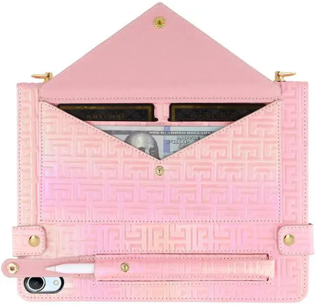 Alt view image 3 of 5 - Shiny Case for iPad (A16) 2025 11"/iPad 10th Generation Handbag with Hand Strap, Techcircle Crossbody Iridescent Folio Stand Wallet Case with Pencil Holder+Card Slots+Shoulder Strap, Shiny Pink