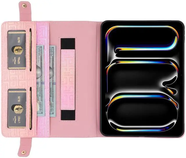 Alt view image 4 of 5 - Shiny Case for iPad (A16) 2025 11"/iPad 10th Generation Handbag with Hand Strap, Techcircle Crossbody Iridescent Folio Stand Wallet Case with Pencil Holder+Card Slots+Shoulder Strap, Shiny Pink