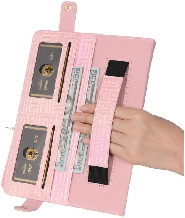 Alt view image 5 of 5 - Shiny Case for iPad (A16) 2025 11"/iPad 10th Generation Handbag with Hand Strap, Techcircle Crossbody Iridescent Folio Stand Wallet Case with Pencil Holder+Card Slots+Shoulder Strap, Shiny Pink