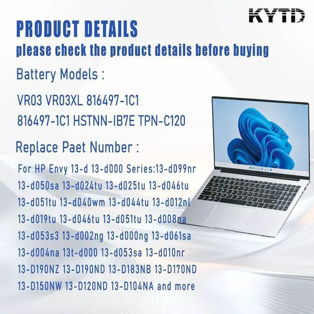 Alt view image 5 of 5 - KYTD VR03 VR03XL 816497-1C1 816497-1C1 HSTNN-IB7E TPN-C120 Battery for HP Envy 13-D 13-d000 Series:13-d099nr 13-d050sa 13-d024tu 13-d025tu 13-d046tu 13-d051tu 13-d040wm 13-d044tu 13-d012nl and More