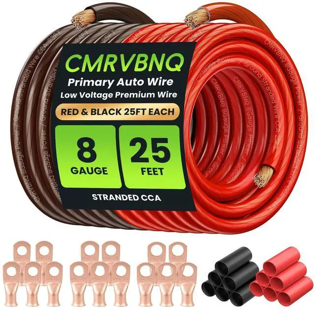 Main image of CMRVBNQ 8 Gauge Battery Cable CCA Wire Kit, 25ft Each Red Black with Terminals Heat Shrink Tubes Low Voltage Primary Automotive Power Ground Cable for Car Audio Amp Subwoofer RV Wiring