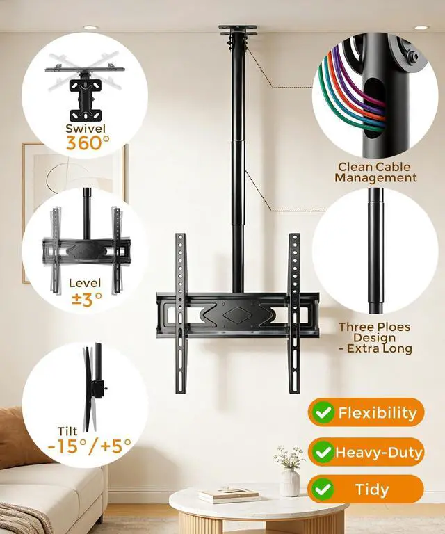 Alt view image 5 of 5 - 39 Ceiling TV Mount for 26-65 Inch LCD LED OLED 4K TVs, Heavy Duty Hanging TV Ceiling Mount Bracket with Height Adjustable Extension Pole for Home Patio Gazebo, Max VESA 400x400mm, Holds 110lbs