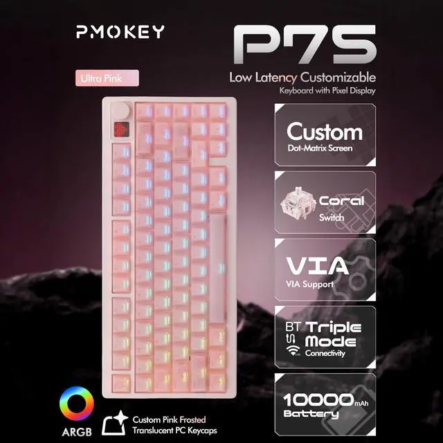 Alt view image 2 of 5 - KEEBMONKEY PMOKEY P75 75% Wireless Mechanical Keyboard, Tri-Mode RGB Gaming Keyboard with Dot-Matrix Display, Aluminum Alloy Body, Volume Knob, Up to 10000mAh Battery (Ultra Pink)