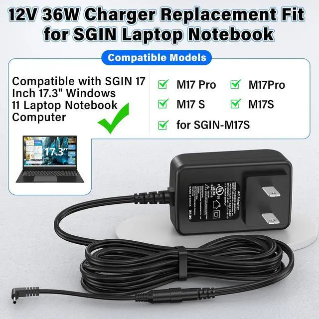 Alt view image 3 of 5 - 12V Laptop Charger Replacement Compatible with SGIN M17 Pro Notebook PC Computer, Power Cord AC Adapter Fit for SGIN M17Pro M17S 17 Inch 17.3" Windows 11 Laptop PC Model SGIN-M17S 12VDC 12.0V DC12V