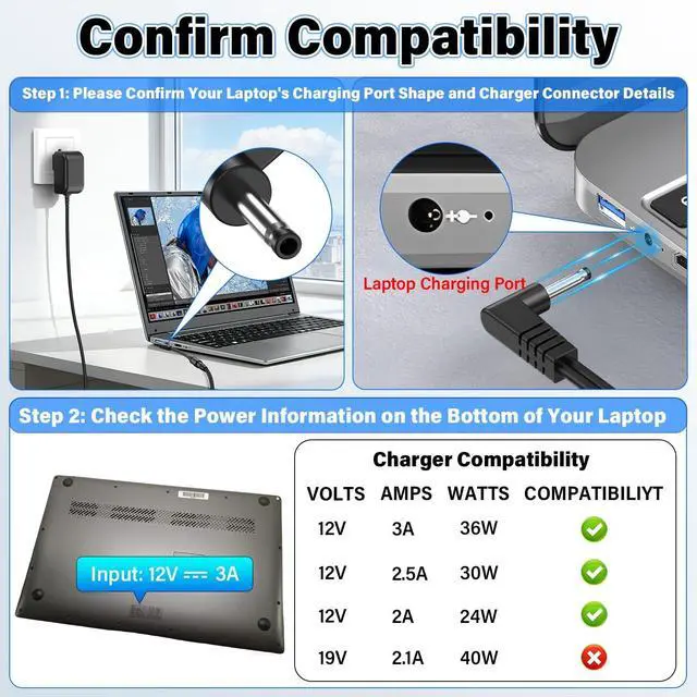 Alt view image 4 of 5 - 12V Laptop Charger Replacement Compatible with SGIN M17 Pro Notebook PC Computer, Power Cord AC Adapter Fit for SGIN M17Pro M17S 17 Inch 17.3" Windows 11 Laptop PC Model SGIN-M17S 12VDC 12.0V DC12V