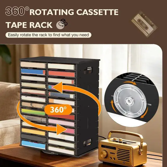 Alt view image 3 of 5 - Arkiya Rotating Cassette Tape Storage Holder, 52 Slot Cassettes Organizer Rack, Audio Cassette Tape Display Shelf, Ideal Gift for Cassettes Collectors, Black