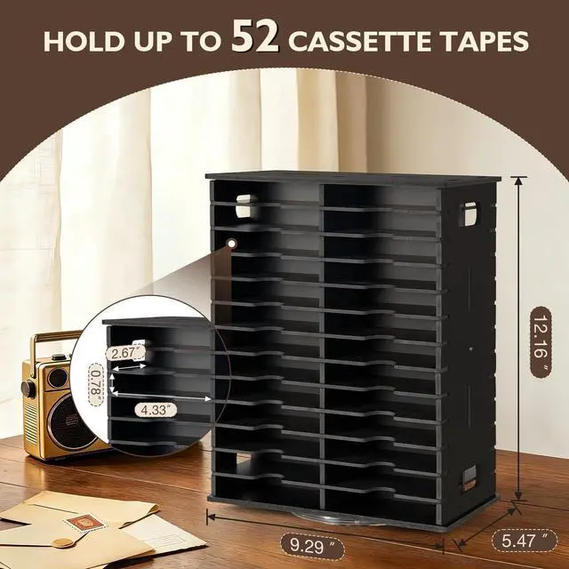 Alt view image 2 of 5 - Arkiya Rotating Cassette Tape Storage Holder, 52 Slot Cassettes Organizer Rack, Audio Cassette Tape Display Shelf, Ideal Gift for Cassettes Collectors, Black