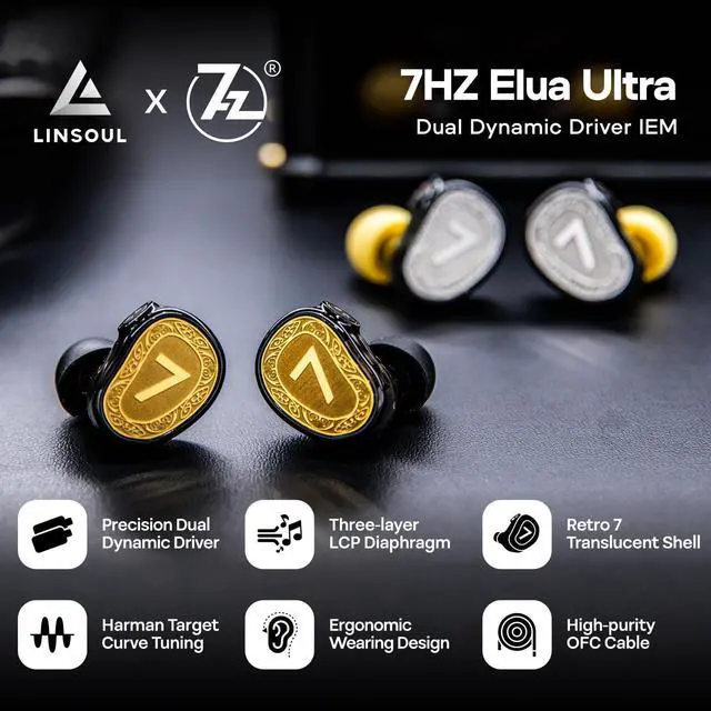 Alt view image 2 of 5 - Linsoul 7Hz Elua Ultra in Ear Monitor, Dual Dynamic Driver Earphone, HiFi Wired IEM Earbuds with High-Purity Oxygen-Free Copper Cable for Musicians Audiophiles (Gold)