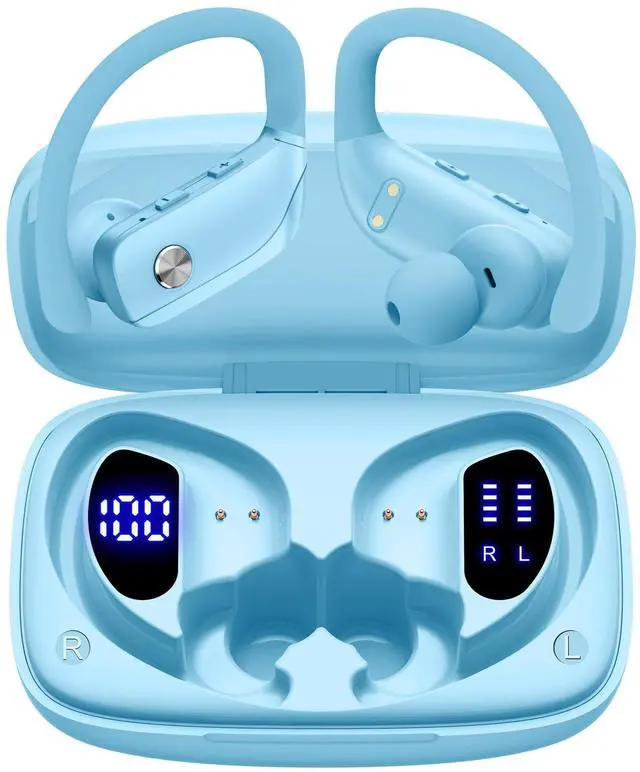 Main image of bmani Ear Buds Wireless Earbuds Bluetooth Headphones with 80H Playtime LED Display Case, Over-Ear Hook with Mic, Stereo Sound, Easy Button Controls, Sports Earphones for Running Workout Sky Blu