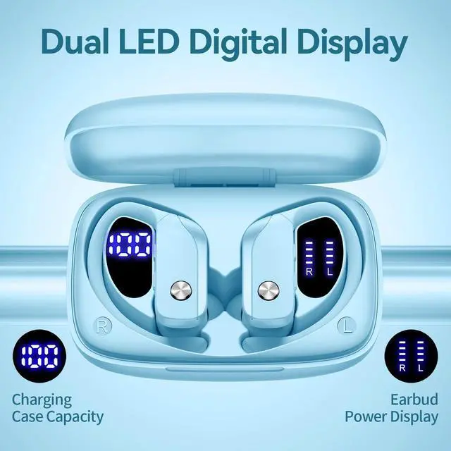 Alt view image 2 of 5 - bmani Ear Buds Wireless Earbuds Bluetooth Headphones with 80H Playtime LED Display Case, Over-Ear Hook with Mic, Stereo Sound, Easy Button Controls, Sports Earphones for Running Workout Sky Blu