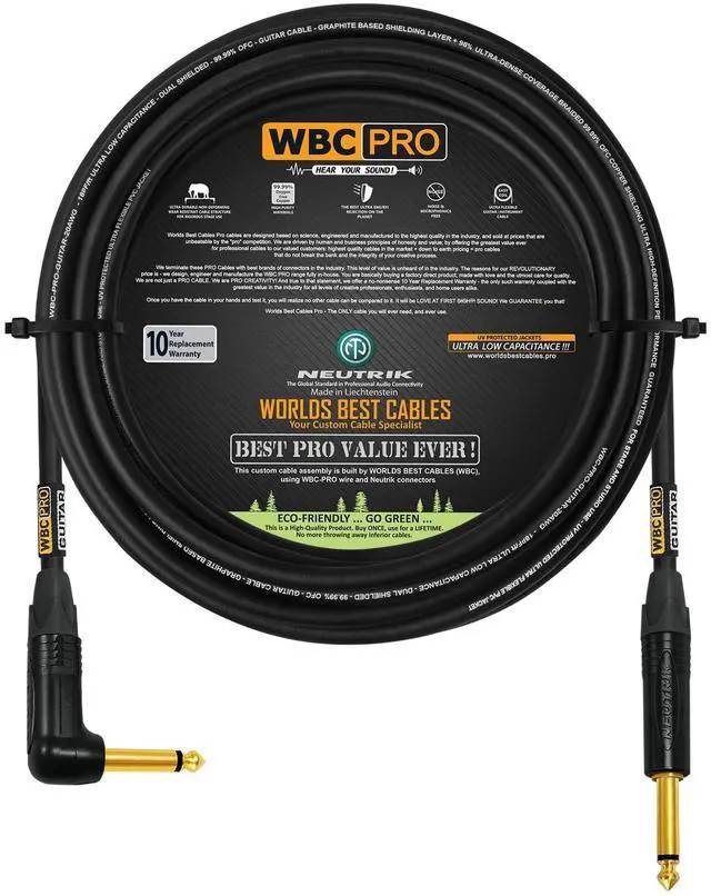 Main image of 60 Foot - WBC-PRO-Guitar 20 AWG - Low-Cap (18pF/ft) Pro-Grade Graphite-Based - Dual-Shielded Guitar, Bass, Instrument Cable with Neutrik Straight to Angled Inch (6.35mm) Gold TS Connectors
