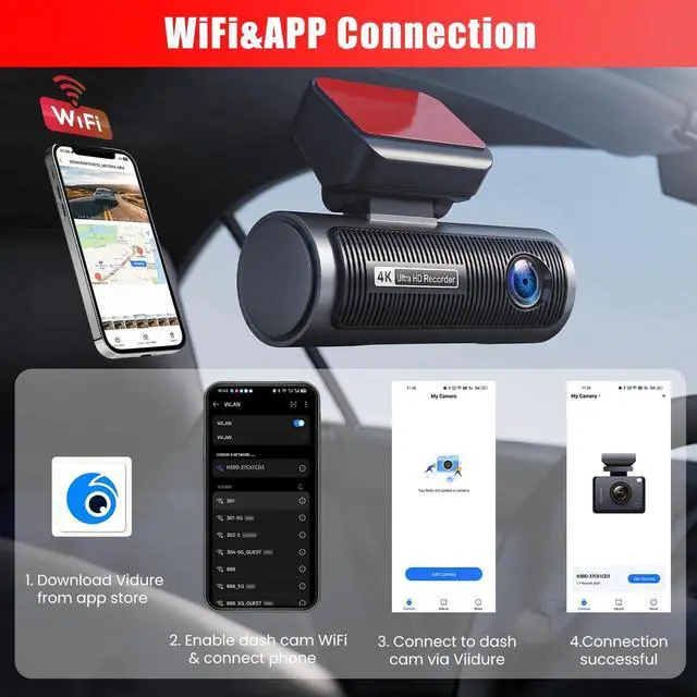 Alt view image 3 of 5 - Fuluku 4K Dual Dash Cam Front and Rear, 3.19'' DashCam Inside Camera for Cars, WiFi & APP/64GB Card/GPS/4K 2160P/UHD Dash Camera/Night Vision/Loop Recording/G-Sensor/24H Parking Mode/Easy to Install