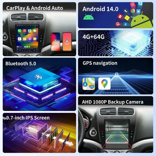 Alt view image 3 of 5 - Car Radio for Dodge Journey 2011-2019 Stereo Radio Replacement Upgrade 8Core 4+64G 9.7 Inch Touch Screen with Wireless Carplay & Android Auto WiFi SWC DSP Free AHD Camera Bluetooth
