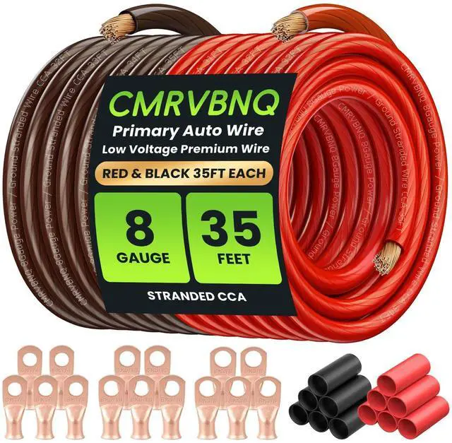 Main image of CMRVBNQ 8 Gauge Battery Cable CCA Wire Kit, 35FT Each Red Black with Terminals Heat Shrink Tubes Low Voltage Primary Automotive Power Ground Cable for Car Audio Amp Subwoofer RV Wiring