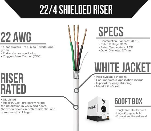 Alt view image 2 of 5 - Voltive 22/4 Shielded Low Voltage Wire, Riser CL3R, White, 500ft - 22AWG, 4 Conductors, Overall Shield, Stranded Bare Copper, UL Listed - V-1259-1