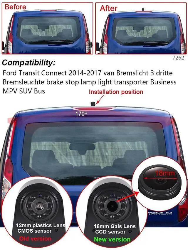 Alt view image 2 of 5 - HD 1280x720p Third Brake Light Backup Camera Brake Lamp Rear View Reverse Camera Compatible with Ford Transit Connect 2014-2017 Van Transporter Business MPV SUV
