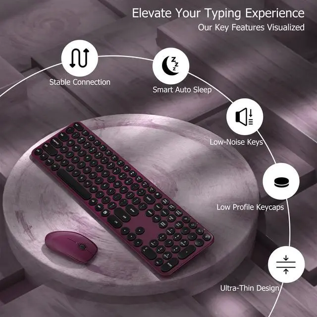 Alt view image 3 of 5 - COVEVA Wireless Keyboard and Mouse Combo, USB Receiver Plug and Play, Low Profile Quiet Typing Design, 110 Round Keys Full-Size Silent Keyboard Set for PC, Windows, Mac, Desktop, Laptop(Claret