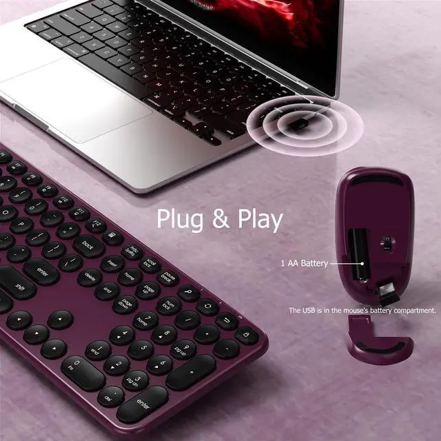 Alt view image 2 of 5 - COVEVA Wireless Keyboard and Mouse Combo, USB Receiver Plug and Play, Low Profile Quiet Typing Design, 110 Round Keys Full-Size Silent Keyboard Set for PC, Windows, Mac, Desktop, Laptop(Claret