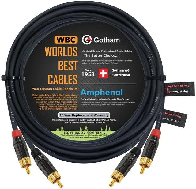 Main image of 18 Foot RCA Cable Pair - Gotham GAC-4/1 (Black) Star-Quad Audio Interconnect Cable with Amphenol ACPL Black Chrome Body, Gold Plated RCA Connectors - Directional