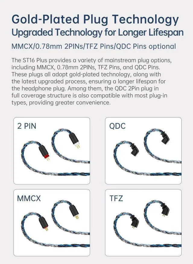 Alt view image 5 of 5 - KBEAR ST16 Plus 2 Meter Detachable IEM Cable 16 Core 5N OCC Silver-Plated Long in-Ear Earphone Cable for HD414 HD650 HD600 Tin Audio T2 T2 PRO T3 T5 Westone TFZ Kinera Shozy Simgot (TFZ 4.4MM)