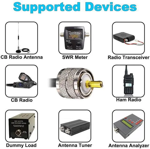 Alt view image 4 of 4 - YOTENKO Ham Radio Coax Cable 50 Ohm, RG58 Coaxial Cable 40FT, PL259 Male to Male Coax + UHF SO239 Female to SMA/UHF/BNC Adapter 4-Pack,for CB,Amateur,Ham Radio