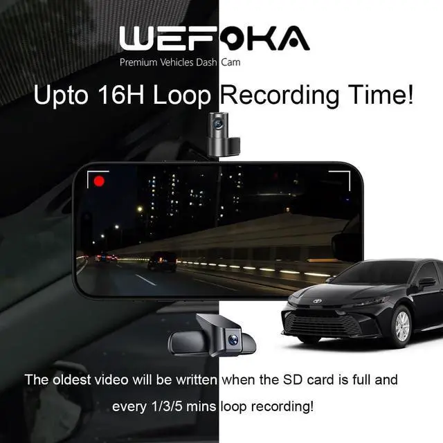 Alt view image 5 of 5 - WEFOKA Front 4K+Rear 1080P Dash Cam for 2025 2026 Toyota Camry Hybrid LE SE XLE XSE (HD2-06090), Integrated OEM Look, WiFi & APP, Dual HD Video, Loop Recording, G-Sensor, Easy to Set, 128GB Card