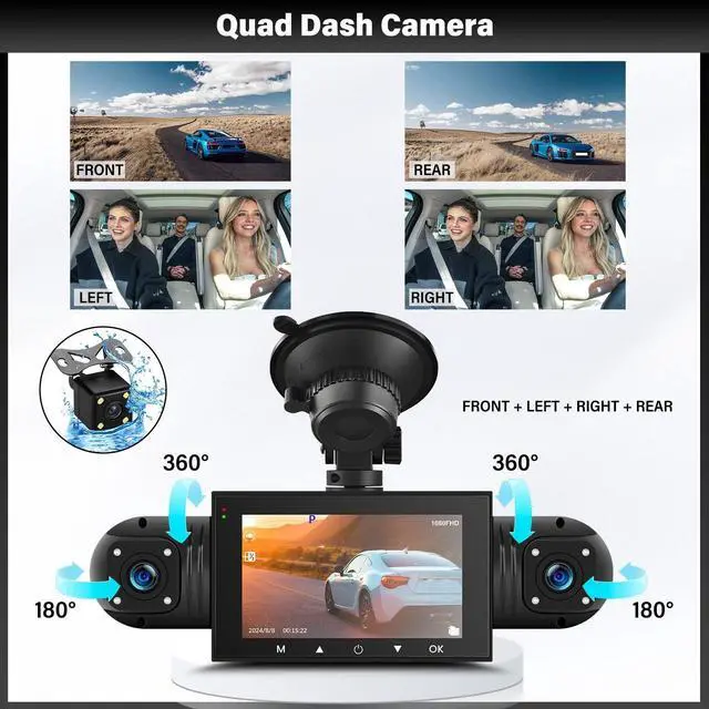 Alt view image 3 of 5 - UNITOPSCI 4 Channel 360 Dash Cam Front Rear Inside Left Right, 3 Inch IPS Screen, 8 IR Night Vision, Loop Recording, G-Sensor, Parking Assistance, 24H Parking Monitor