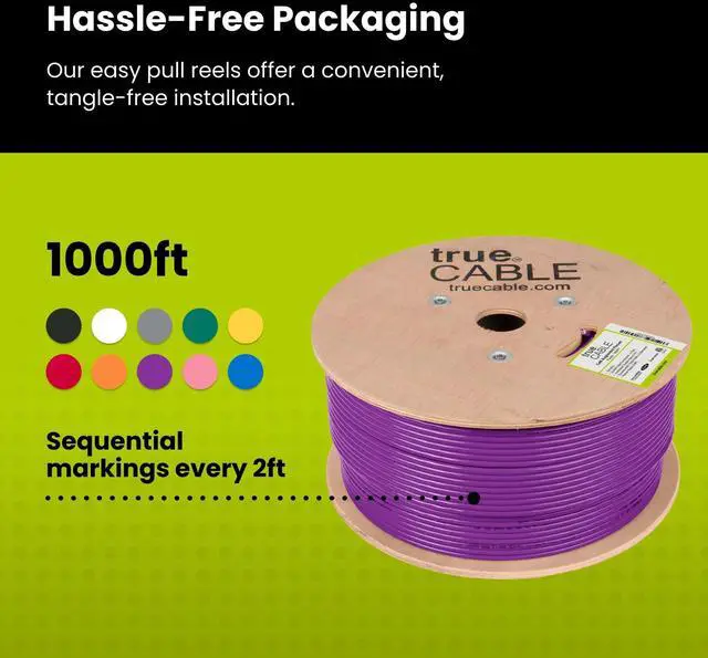 Alt view image 5 of 5 - TRUE CABLE Cat6A Plenum Bulk Ethernet Cable (CMP), Unshielded UTP, 1000ft, Purple, 23AWG Solid Bare Copper, 750MHz, 10Gbps, PoE++ (4PPoE), ETL Listed