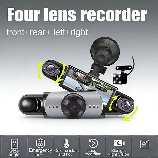 Alt view image 2 of 5 - Tangxi 4 Channel Dash Cam 360 DegreeView, 1080P Front and Rear Inside, Left Right Dash Camera with WiFi & APP Control, G Sensor, Loop Recording with 64GB Card
