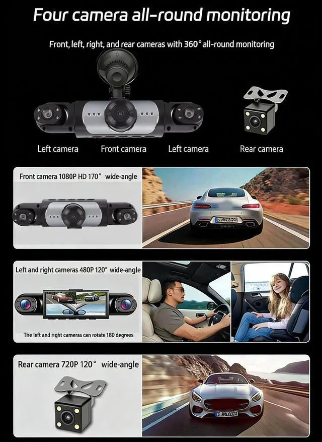 Alt view image 3 of 5 - Tangxi 4 Channel Dash Cam 360 DegreeView, 1080P Front and Rear Inside, Left Right Dash Camera with WiFi & APP Control, G Sensor, Loop Recording with 64GB Card