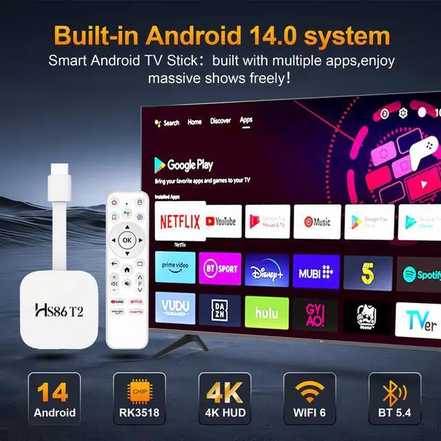 Alt view image 4 of 5 - HS86 T2 Android TV 14.0 Stick, 2026 Android TV Stick 2GB RAM 16GB ROM, RK3518 CPU Supports 2.4G/5G 4K Wi-Fi6 BT 5.4
