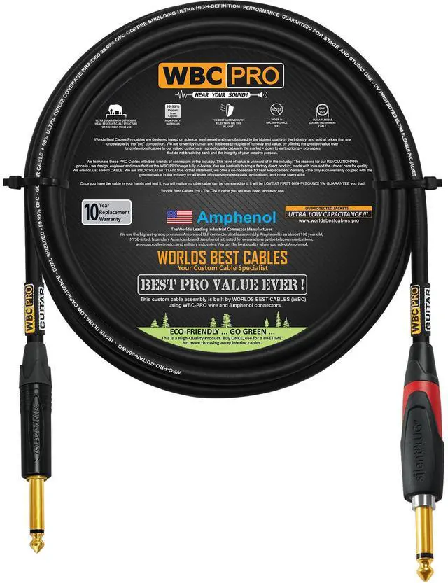 Main image of 12 Foot - WBC-PRO-Guitar 20 AWG - Low-Cap (18pF/ft) Pro-Grade Graphite-Based - Dual-Shielded Guitar Bass Instrument Cable w/Neutrik Straight (SilentPLUG) Inch (6.35mm) Gold TS Plugs